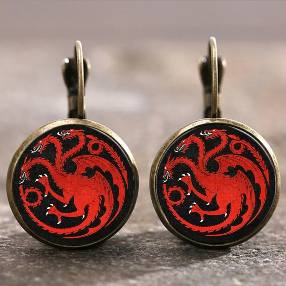New Red 3 Headed Dragon Glass Cabochon Bronze Earrings.